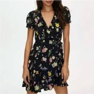 Aritzia Sunday Best Black floral Mini Dress cap sleeve ruffle wrap dress size S